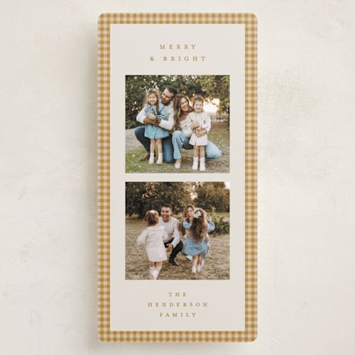 This is a honey holiday photo cards with standard by Kelly Watkins called gingham border printing on recycled smooth signature in tall