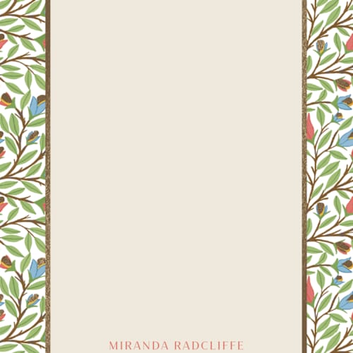 This is a coral foil stamped stationery with foil pressed by Manisha Ayyappath called botanical border with foil printing on signature in 4.25x5.5