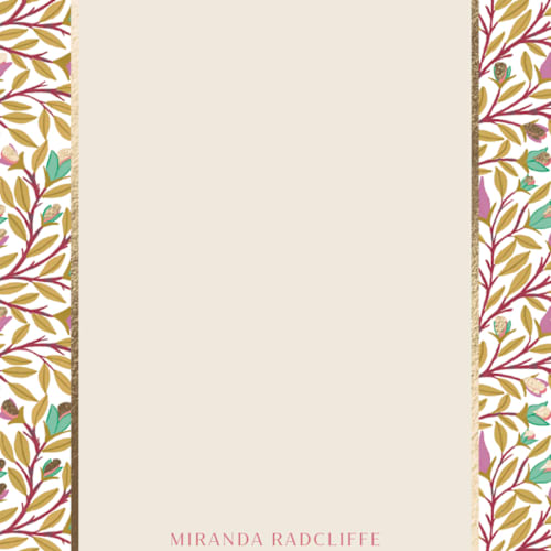 This is a rose foil stamped stationery with foil pressed by Manisha Ayyappath called botanical border with foil printing on signature in 4.25x5.5