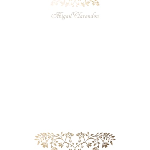 This is a sunrise foil stamped stationery with foil pressed by Anna Black called leafy crest printing on signature in 4.25x5.5