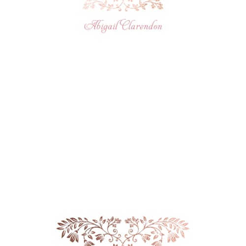 This is a coral foil stamped stationery with foil pressed by Anna Black called leafy crest printing on signature in 4.25x5.5