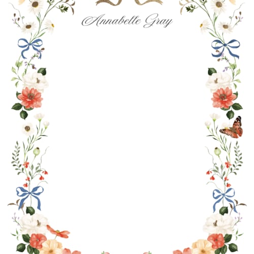 This is a something blue foil stamped stationery with foil pressed by Sarah Knight called fleur printing on signature in 4.25x5.5