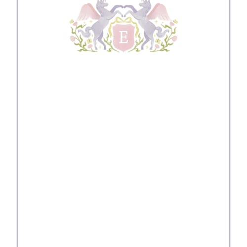 This is a blush kids thank you cards notes with standard by Masha Zimovich called unicorn crest printing on signature in standard