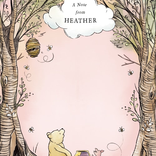 This is a petal pink kids thank you cards notes with standard by Becky Nimoy called disney's winnie the pooh in the wood printing on signature in standard