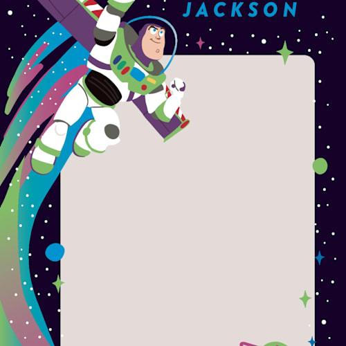 This is a night sky kids thank you cards notes with standard by Katie Zimpel called disney and pixar birthday buzz printing on signature in standard