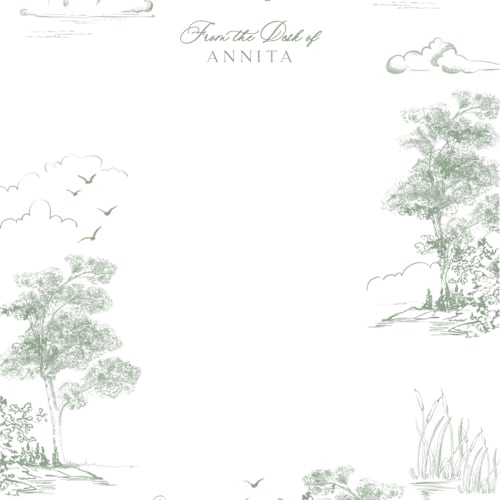 This is a sage personalized stationery thank you cards with standard by Lucrecia Caporale called lake side toile printing on signature in 4.25x5.5