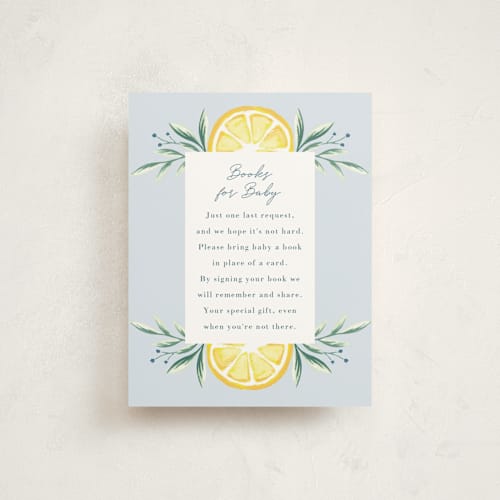 This is a pale blue baby shower insert cards with standard by Megan Cash called lemons printing on signature in standard