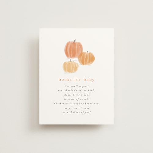 This is a pumpkin baby shower insert cards with standard by Rebecca Durflinger called autumn pumpkins printing on signature in standard