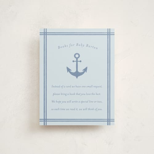 This is a sea baby shower insert cards with standard by Brynne Foster called ahoy printing on signature in standard
