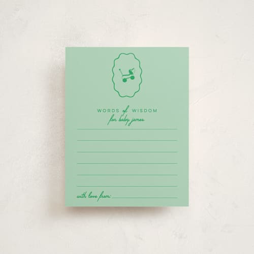 This is a mint baby shower insert cards with standard by Jen Ramsey called vintage classic printing on signature in standard