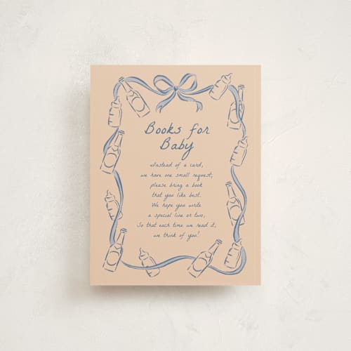 This is a periwinkle baby shower insert cards with standard by Jamie Alexander called bottles and brews printing on signature in standard