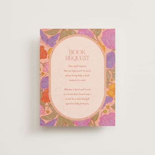 This is a peach baby shower insert cards with standard by Simona Camp called vintage garden printing on signature in standard