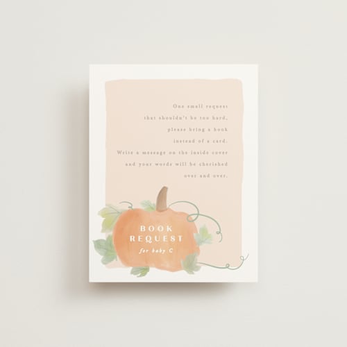 This is a blush baby shower insert cards with standard by Creo Study called lil pumpkin printing on signature in standard