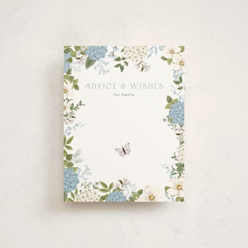 This is a periwinkle baby shower insert cards with standard by Susan Moyal called garden love printing on signature in standard