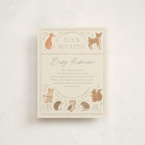 This is a ecru baby shower insert cards with standard by Creo Study called woodland storybook printing on signature in standard
