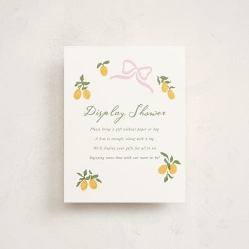 This is a pink lemonade baby shower insert cards with standard by Angela Garrick called lemon and ribbon printing on signature in standard