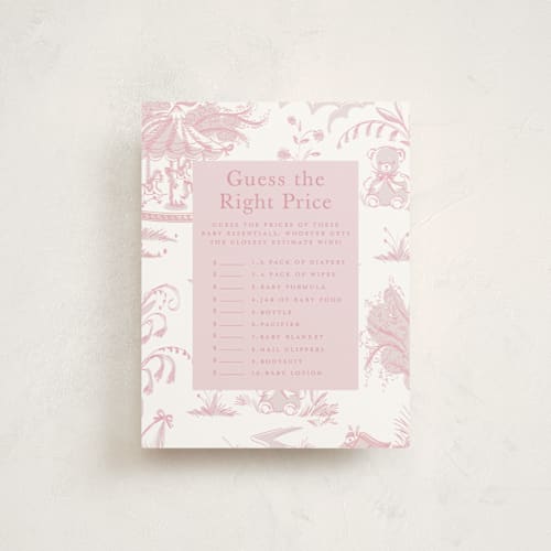 This is a blush baby shower insert cards with standard by Teju Reval called baby toile printing on signature in standard