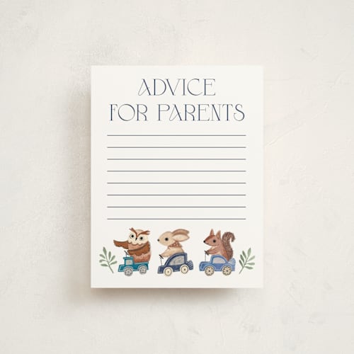 This is a navy baby shower insert cards with standard by Vivian Yiwing called woodland cars printing on signature in standard