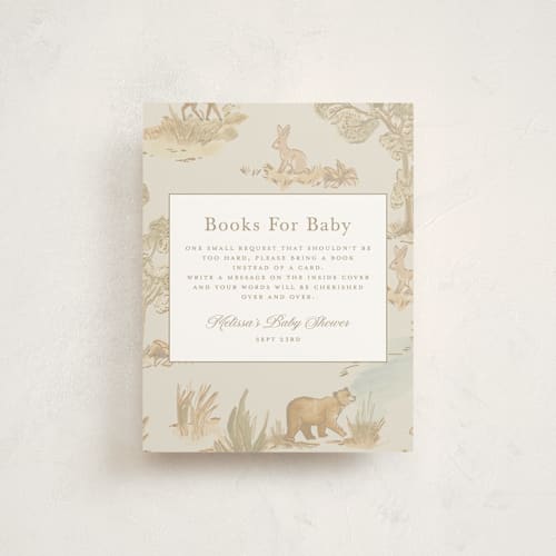 This is a bamboo baby shower insert cards with standard by Teju Reval called woodland animals toile printing on signature in standard