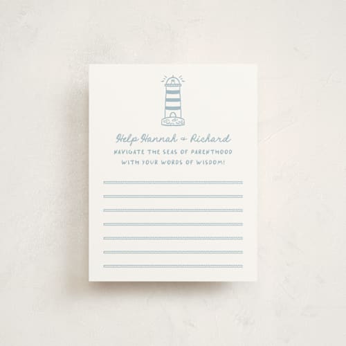This is a powder blue baby shower insert cards with standard by Claudia Orengo called nautical celebration printing on signature in standard