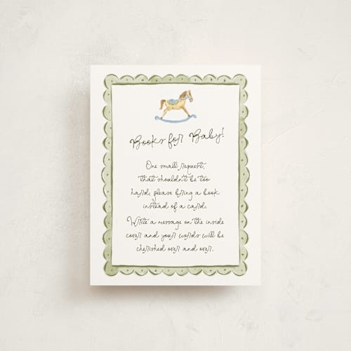 This is a powderblue baby shower insert cards with standard by Pati Cascino called bowls and buds printing on signature in standard