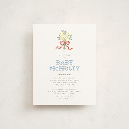 This is a rainbow baby shower insert cards with standard by Erin L. Wilson called cross-stitched sampler printing on signature in standard