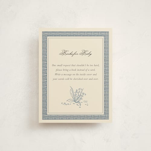 This is a denim baby shower insert cards with standard by Noun New York called cottage core dog with watering can of flowers printing on signature in standard