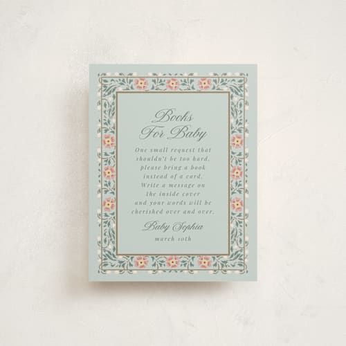 This is a sage baby shower insert cards with standard by Ana de Sousa called little love story printing on signature in standard