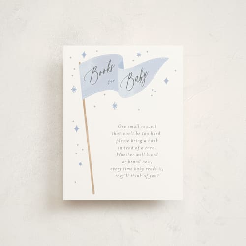 This is a baby blue baby shower insert cards with standard by Paper Raven Co. called bows & banners printing on signature in standard