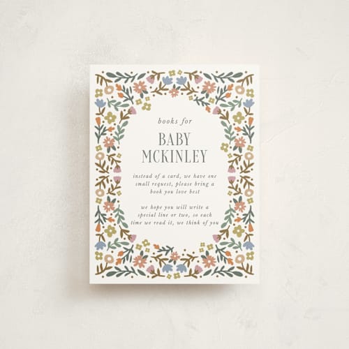 This is a garden baby shower insert cards with standard by Kelly Watkins called floral archway printing on signature in standard