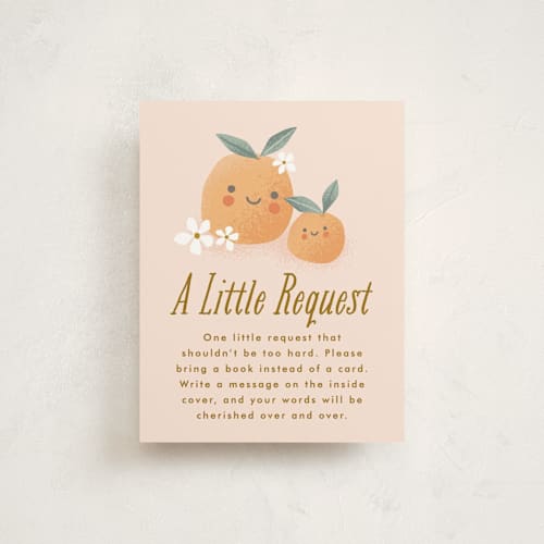 This is a peach baby shower insert cards with standard by Karidy Walker called little cutie oranges printing on signature in standard