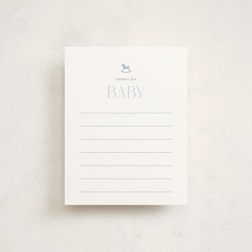 This is a baby blue baby shower insert cards with standard by Olivia Raufman called gingham rockinghorse printing on signature in standard