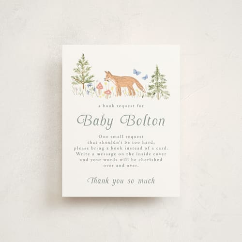 This is a meadow baby shower insert cards with standard by Petra Kern called woodland welcome printing on signature in standard
