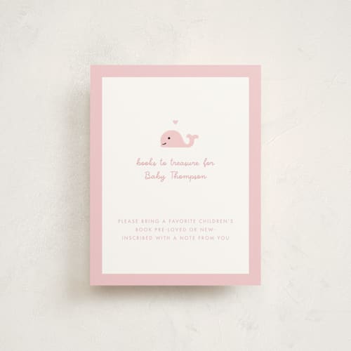 This is a baby pink baby shower insert cards with standard by mo kelley called baby whale on the way printing on signature in standard