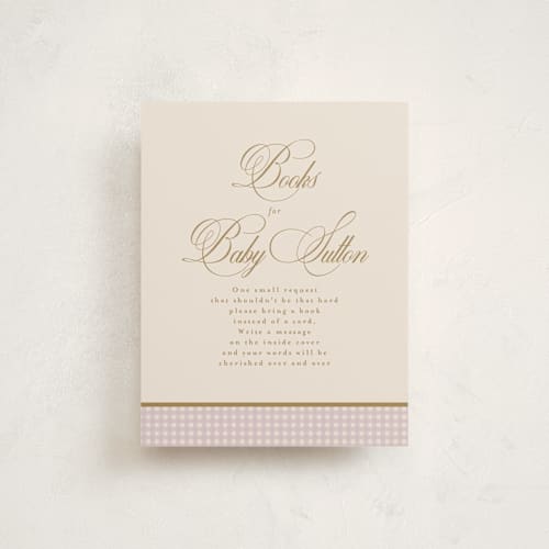 This is a lilac baby shower insert cards with standard by Tamara Hilje called eleganza printing on signature in standard