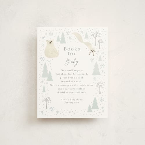 This is a seafoam baby shower insert cards with standard by Jennifer Wick called arctic friends printing on signature in standard