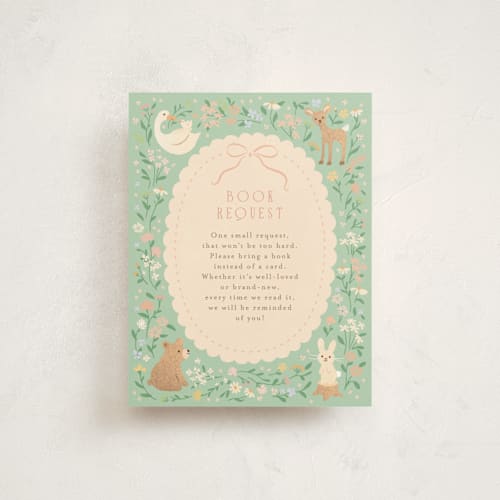 This is a mint baby shower insert cards with standard by Jennifer Wick called garden animals printing on signature in standard