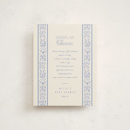 This is a cobalt baby shower insert cards with standard by Ana Sharpe called bloomy baby printing on signature in standard