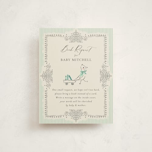 This is a seafoam baby shower insert cards with standard by Jackie Crawford called little welcome printing on signature in standard