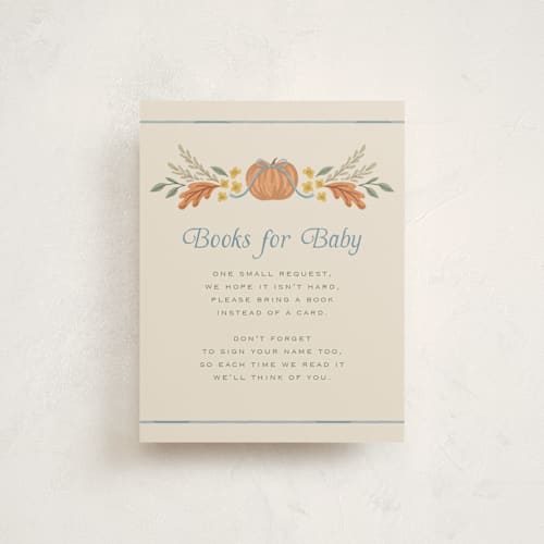 This is a cornflower baby shower insert cards with standard by Laura Hankins called pumpkins + bows printing on signature in standard