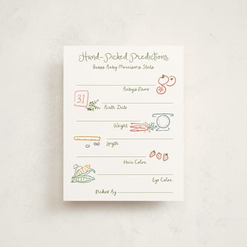 This is a meadow baby shower insert cards with standard by Jenna Holcomb called locally grown sketch printing on signature in standard