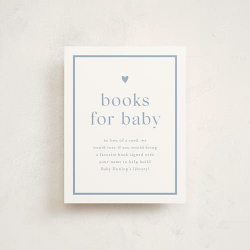 This is a provincial blue baby shower insert cards with standard by Stacey Meacham called heartbeat printing on signature in standard