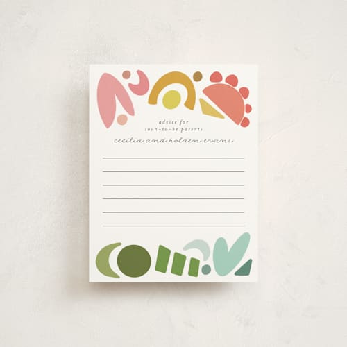 This is a rainbow baby shower insert cards with standard by Morgan Kendall called rainbow shapes printing on signature in standard