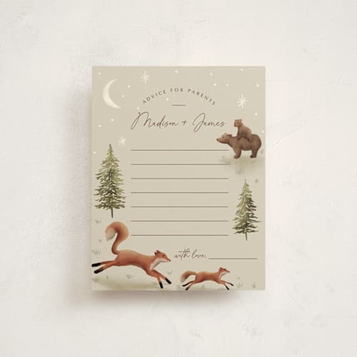 This is a olive baby shower insert cards with standard by Elly called forest adventure printing on signature in standard