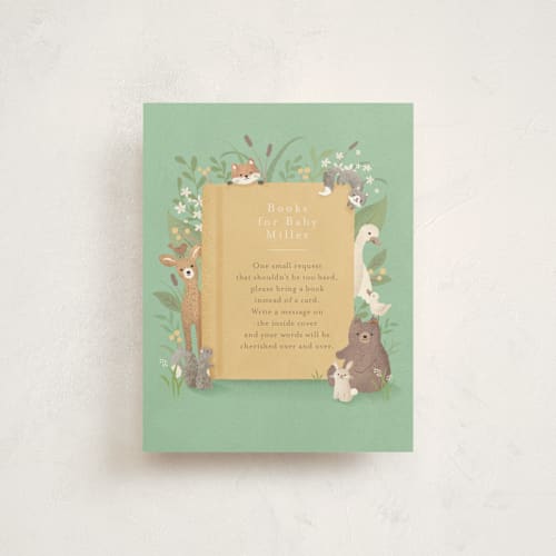 This is a mint baby shower insert cards with standard by Jennifer Wick called storybook printing on signature in standard