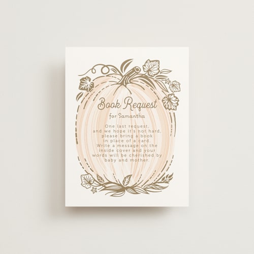 This is a peach baby shower insert cards with standard by Paper Sun Studio called little pumpkin printing on signature in standard