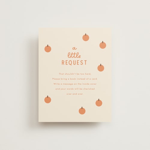 This is a pumpkin baby shower insert cards with standard by Baumbirdy called a little pumpkin printing on signature in standard