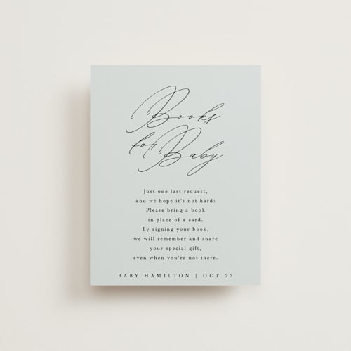 This is a dusty blue baby shower insert cards with standard by Amy Payne called simply elegant printing on signature in standard