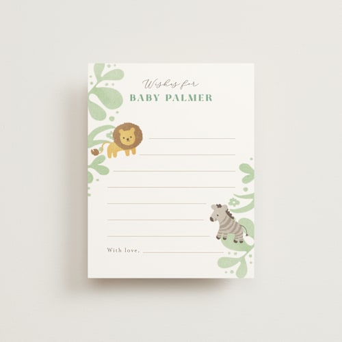 This is a mint baby shower insert cards with standard by Jennifer Wick called petite safari printing on signature in standard
