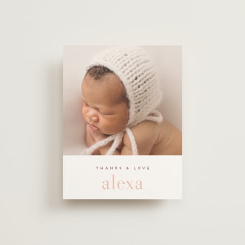 This is a mauve wedding thank you cards with standard by Snow and Ivy called little stack printing on signature in standard